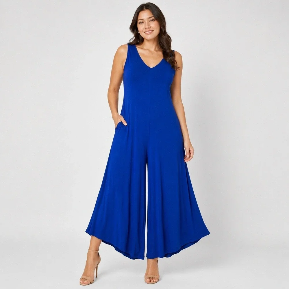 Spense Blue Wide Leg Jumpsuit Womens Small Sleeveless Stretch Knit NWT‎
